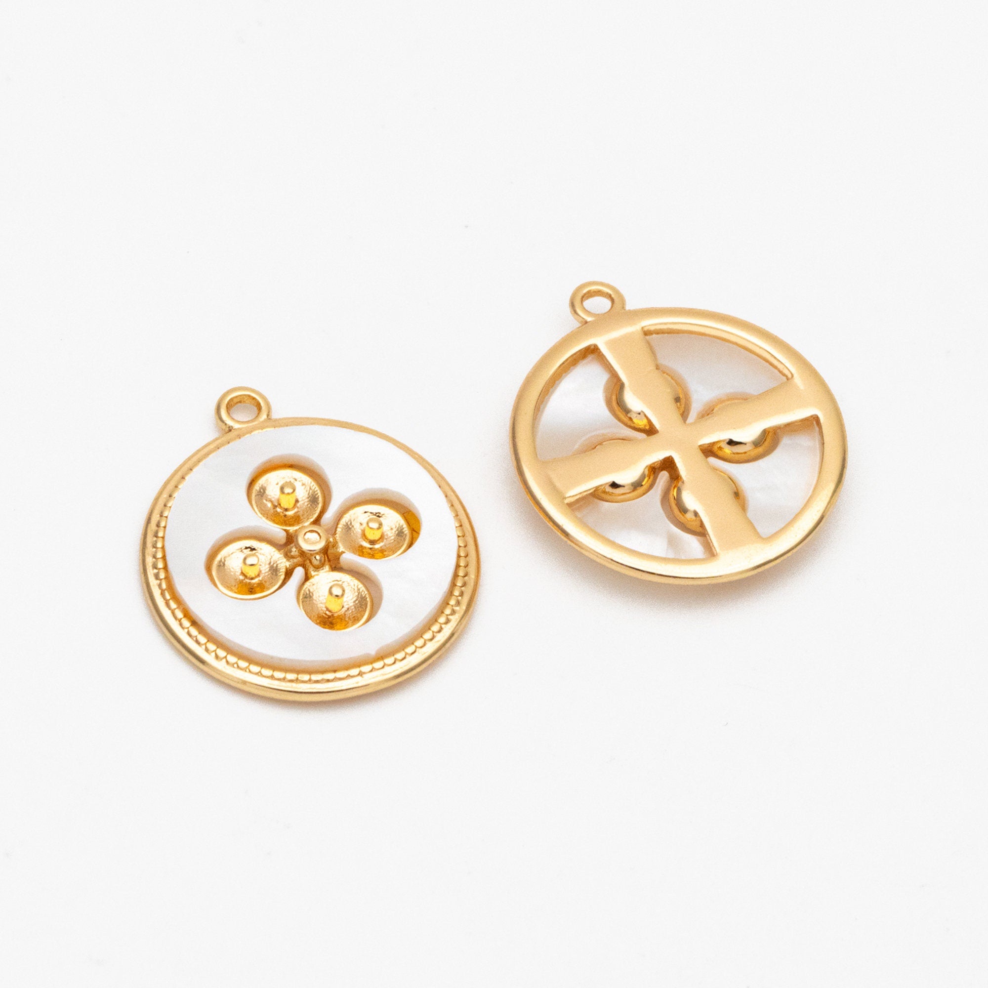 4pcs Shell Pave Gold Disc Charms 15mm, 18K Gold plated Brass, Pearl Peg Mounts, Half Drilled Pearl Settings (GB-3926)